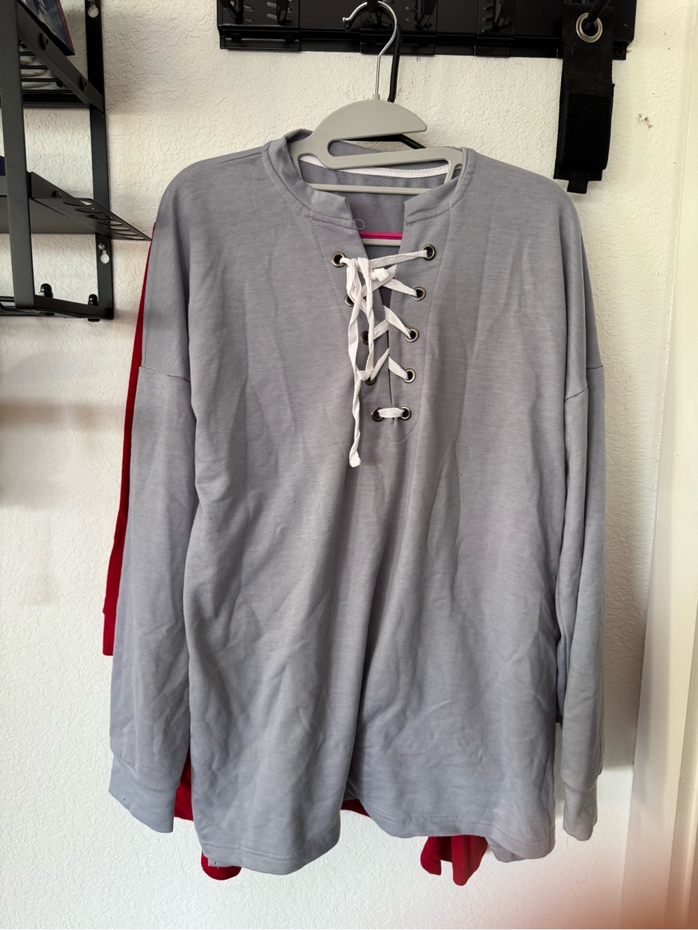 Woman’s Lace-Up Pullover Sweater - Light Gray